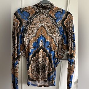 Free People Boho Paisley Mock Neck Long Sleeve Top Blue Gold Festival Indie XS